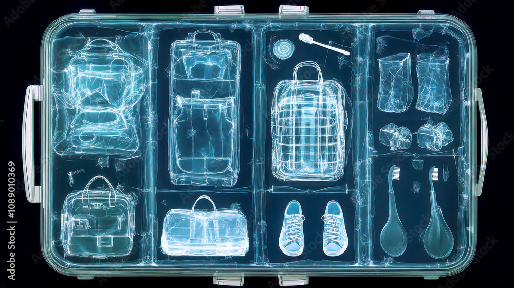 X-ray view of packed luggage revealing contents inside bags. X-ray view of packed luggage revealing contents inside bags.