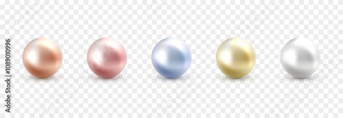 Vector set of pearls on isolated transparent background. Multicolored pearls png. Pearl beads.
