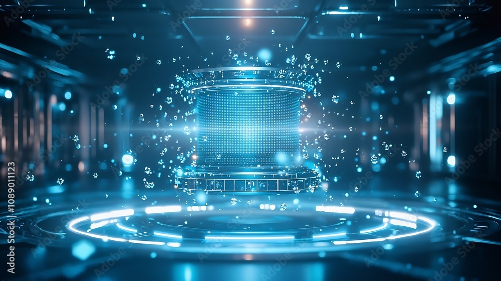 Glowing Quantum Processor Floating in Futuristic Lab with Spinning Particles Symbolizing Quantum Computing Potential Glowing Quantum Processor Floating in Futuristic Lab with Spinning Particles Symbolizing Quantum Computing Potential