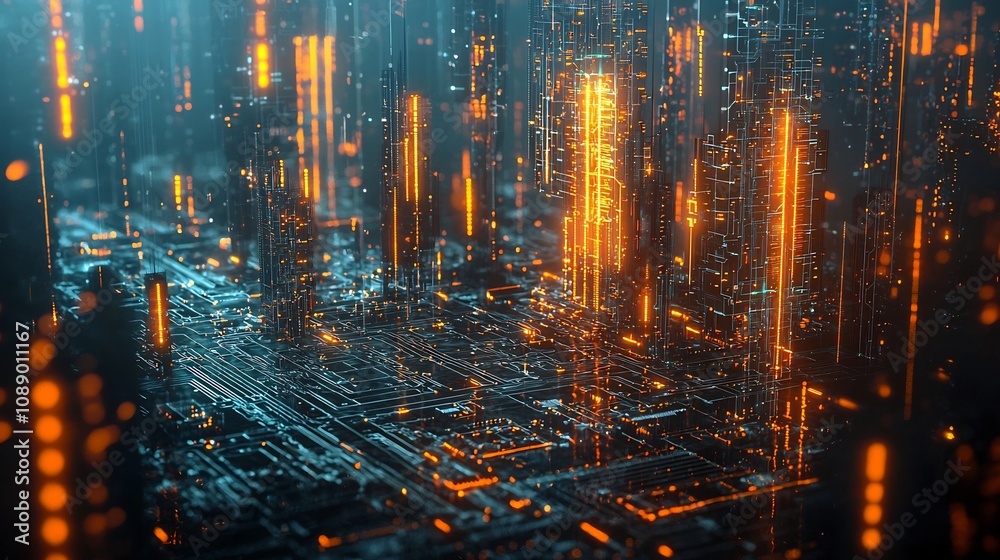 Naklejka premium Quantum Metropolis A Futuristic City Skyline of Glowing Circuits and Entangled Data Streams