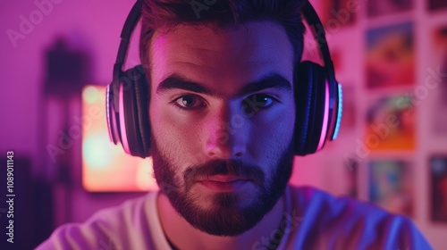 A serious young man with a beard focuses intently while wearing headphones. The vibrant purple and pink lighting enhances the atmosphere of his gaming setup, suggesting late-night gaming sessions.