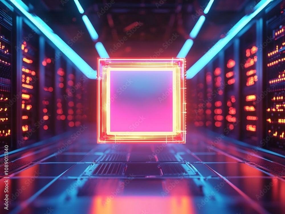 Futuristic Quantum Chip Levitating in Glowing Robotic Server Room Symbolizing Shift to Advanced Computing Technology Futuristic Quantum Chip Levitating in Glowing Robotic Server Room Symbolizing Shift to Advanced Computing Technology
