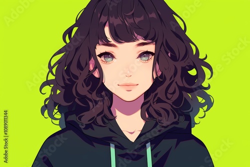 Vibrant Anime Portrait with Curly Hair on Lime Background. Minimalist Anime Illustration.