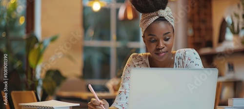 Young woman of color attending a webinar and writing notes on paper