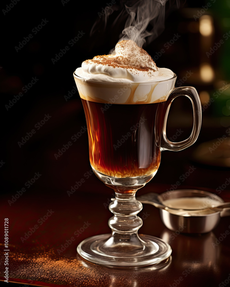 Glass of Irish coffee spilling over from the cup Glass of Irish coffee spilling over from the cup