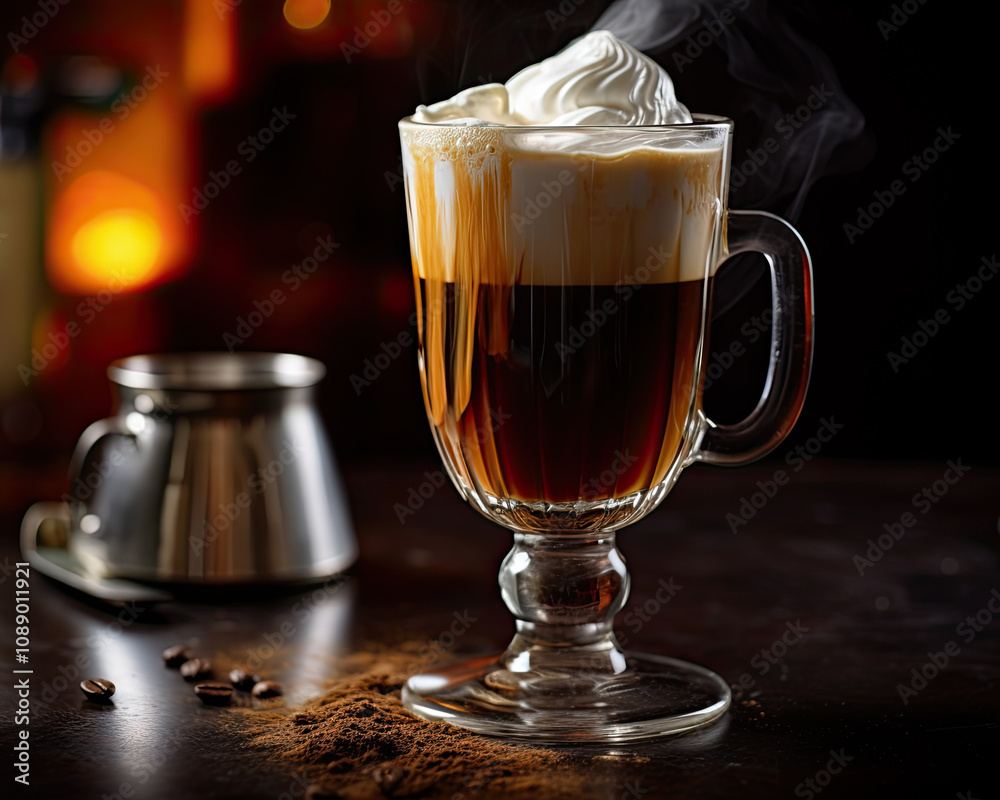 Glass of Irish coffee spilling over from the cup Glass of Irish coffee spilling over from the cup