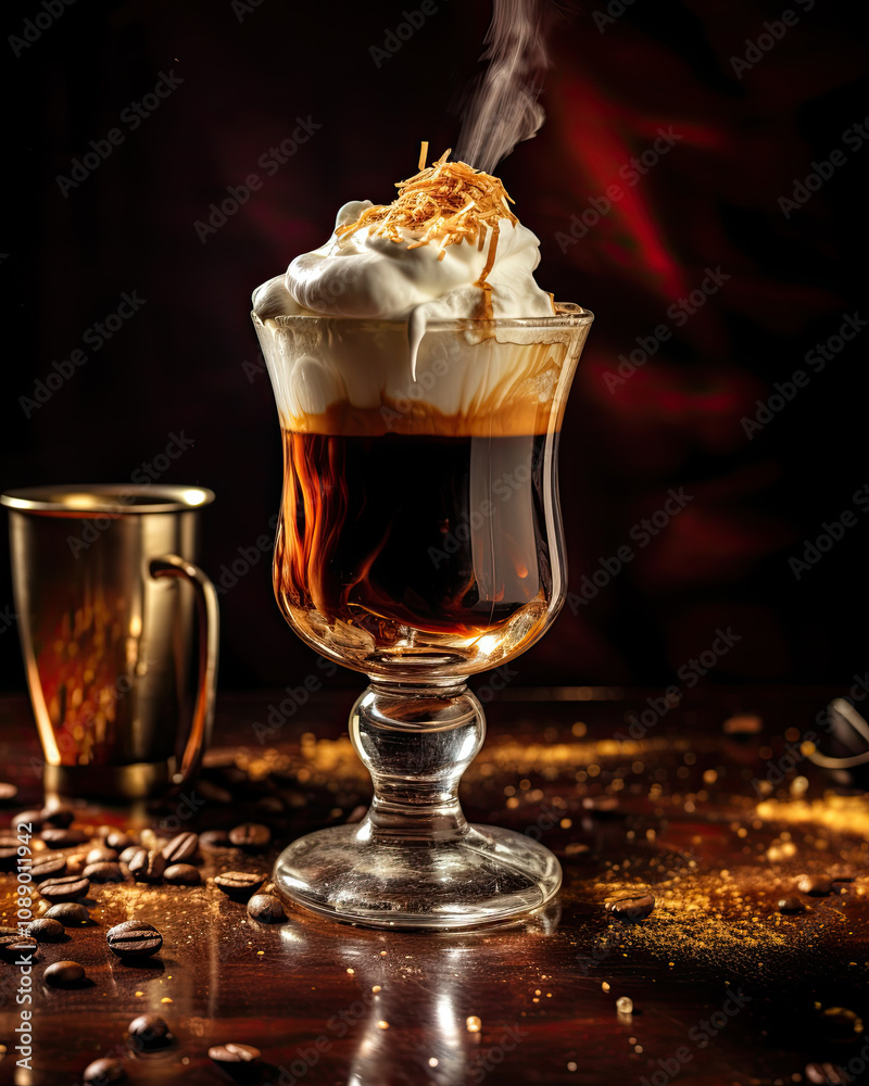Glass of Irish coffee spilling over from the cup Glass of Irish coffee spilling over from the cup