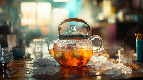 Steaming glass teapot on a wooden table surrounded by ice and glassware