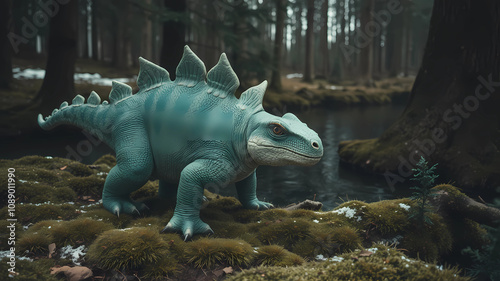 A realistic Venusaur animal among the trees, forest lake, moss, cold weather, dark teal and amber, Sony A7 IV