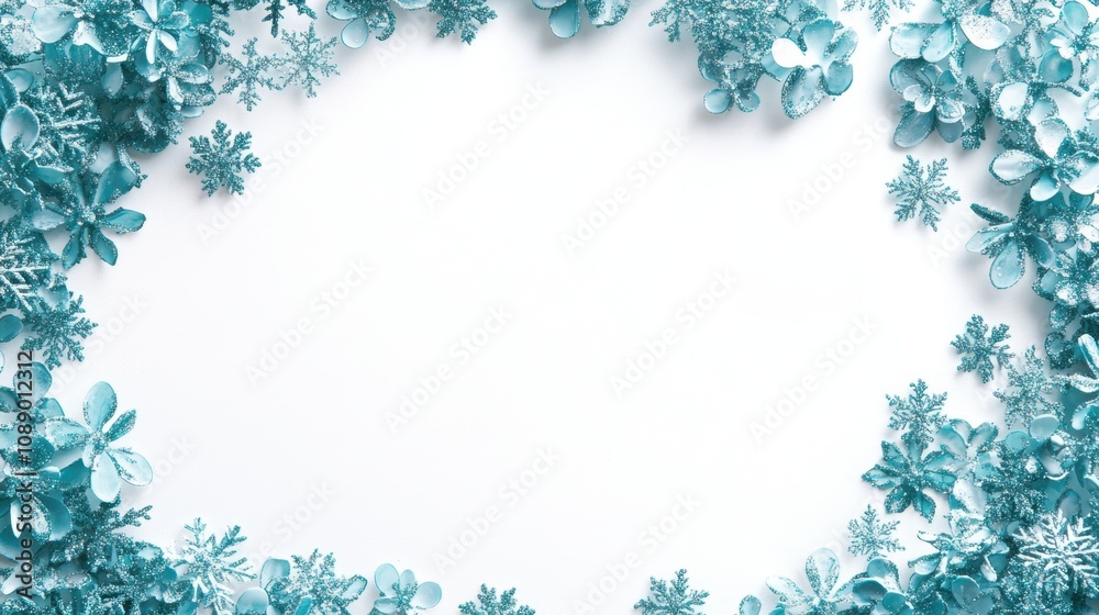 Winter Wonderland: Festive Snowflakes and Glitter Frame on White Background Winter Wonderland: Festive Snowflakes and Glitter Frame on White Background