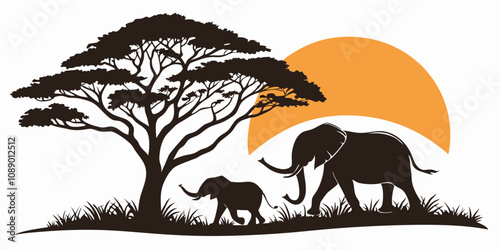 Africa elephants silhouette with tree and orange sun, vector illustration
