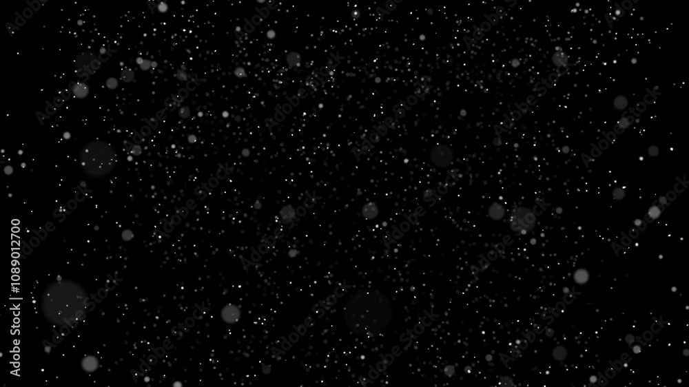 Calmly falling snow on a black background. Winter theme, snowflakes overlay concept. Loop animation. Just add screen mode in AE and you will have overlay.