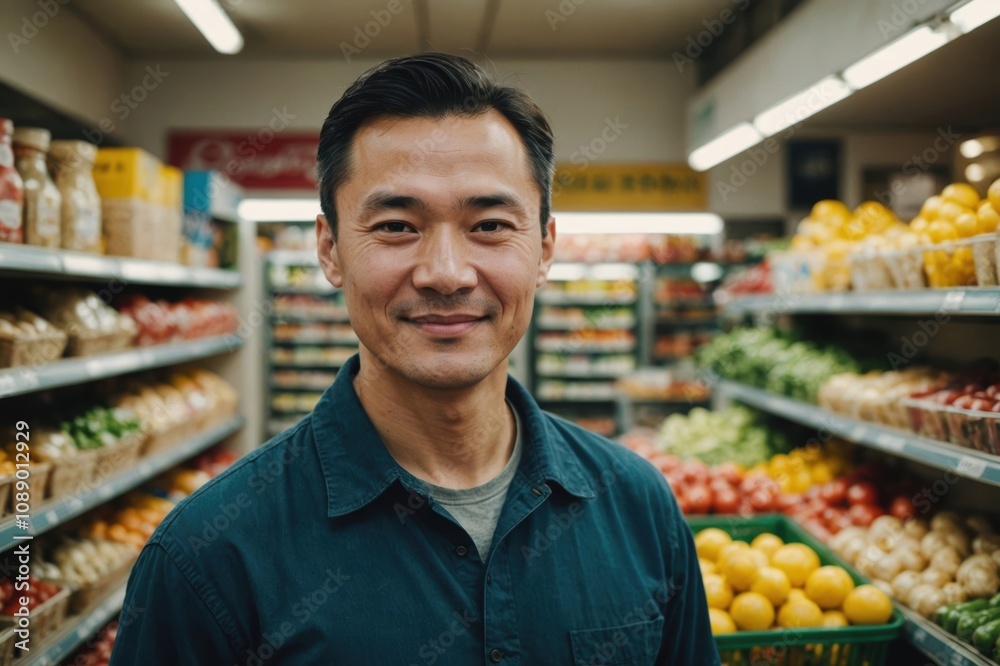 Close portrait of a smiling 40s Kazakh male grocer standing and looking at the camera, Kazakh grocery store blurred background Close portrait of a smiling 40s Kazakh male grocer standing and looking at the camera, Kazakh grocery store blurred background