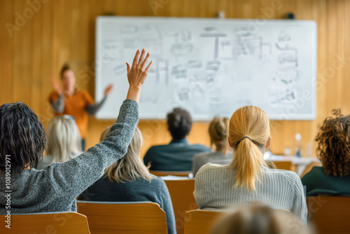 Rear view of diverse individuals raising hands during a business seminer or training session in a classroom, with a blurred presenter and whiteboard in focus.