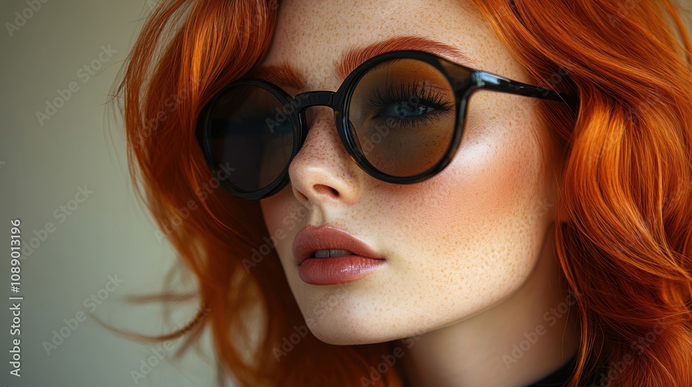 Portrait of young red-haired woman with freckles wearing glasses, close-up, natural beauty, green eyes, captivating expression, elegant style, blue background, sophisticated look, vibrant hair Portrait of young red-haired woman with freckles wearing glasses, close-up, natural beauty, green eyes, captivating expression, elegant style, blue background, sophisticated look, vibrant hair
