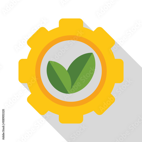 Green leaves inside a gear symbolize the integration of eco friendly practices in industrial processes for sustainable development