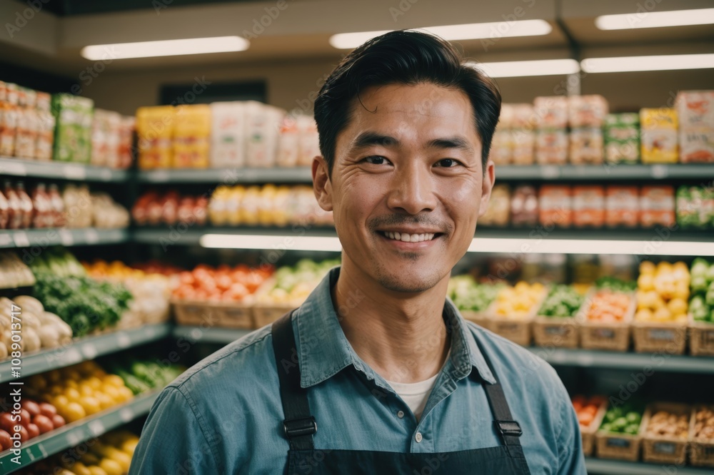 Close portrait of a smiling 40s Korean male grocer standing and looking at the camera, Korean grocery store blurred background Close portrait of a smiling 40s Korean male grocer standing and looking at the camera, Korean grocery store blurred background
