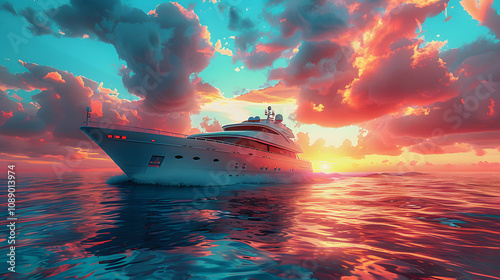 a luxurious yacht cuts through the tranquil, shimmering ocean at sunrise, beneath a radiant sky adorned with splashes of pink and orange clouds with a white accent, png
