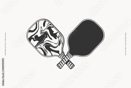 Minimalist Illustration of two pickleball paddles in marbled and solid black design. Ideal for sports-themed designs, especially pickleball lovers.