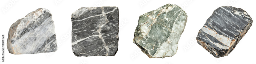 Obraz premium A collection of four distinct stones showcasing various textures and colors, each with unique patterns and characteristics.