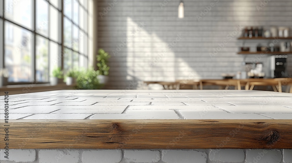 Polished white tile countertop with wooden edges, set against a bright and airy modern kitchen space