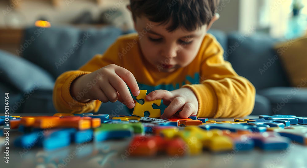 Close-up of a child playing with colorful puzzle pieces Close-up of a child playing with colorful puzzle pieces