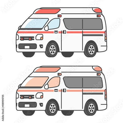 日本の救急車のイラスト（フルカラー・単色モノカラーのセット）