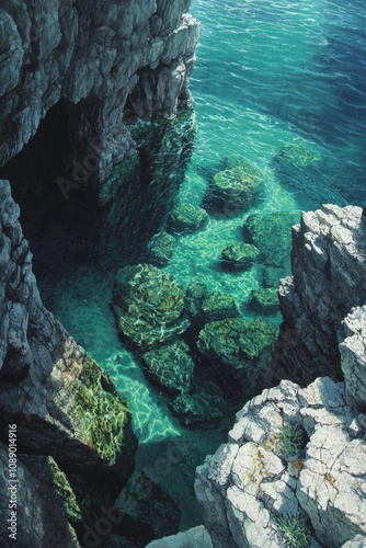 Top dow view from a cliff, overlooking crystal-clear turquoise waters with coral reefs in them.  photo