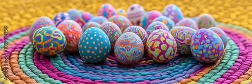 Brightly patterned Easter eggs arranged in a spiral on a colorful woven mat ,