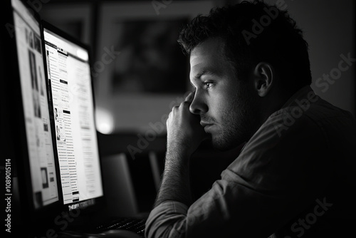 Employee staring blankly at a screen with multiple tabs open, looking lost photo