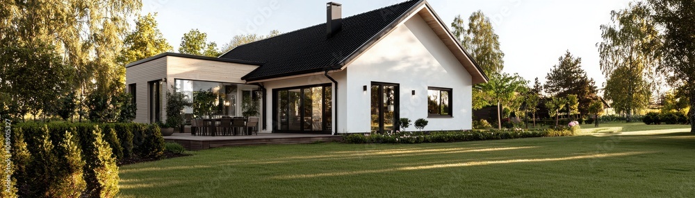 A modern house with a spacious yard, surrounded by trees, featuring a sleek design and large windows that invite natural light. A modern house with a spacious yard, surrounded by trees, featuring a sleek design and large windows that invite natural light.
