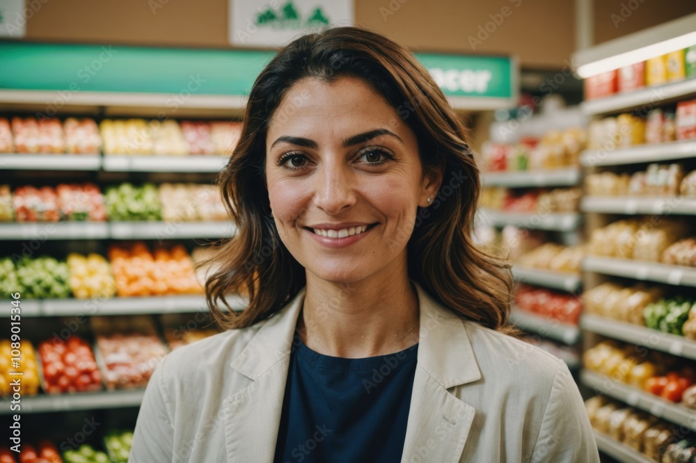 Close portrait of a smiling 40s Lebanese female grocer standing and looking at the camera, Lebanese grocery store blurred background