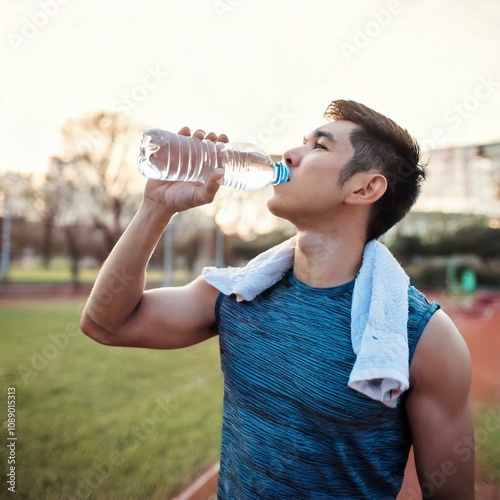 fitness, sports and lifestyle concept - young Thai man drinking water after workout.