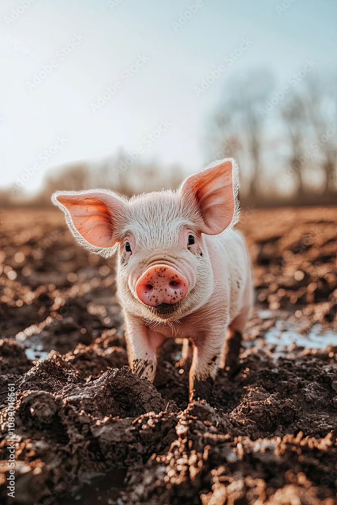 Piglet rooting in the mud on a sunny farm day Piglet rooting in the mud on a sunny farm day