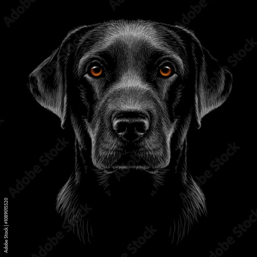A Labrador retriever. A graphic portrait of a black Labrador retriever on a black background.