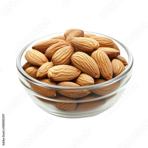 Fresh and healthy almonds in a clear glass bowl, perfect for snacking., isolated on a transparent background. photo