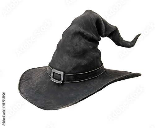 halloween witch hat with crooked brim and silver buckle isolated background
