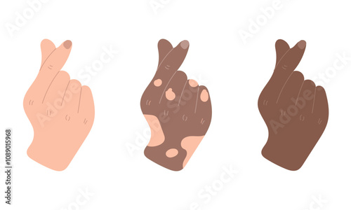 Three hands with different skin types are shoving finger gesture of love with thumb and point finger. ove concept, trendy finger gesture, icon. Hand drawn vector illustration in flat style