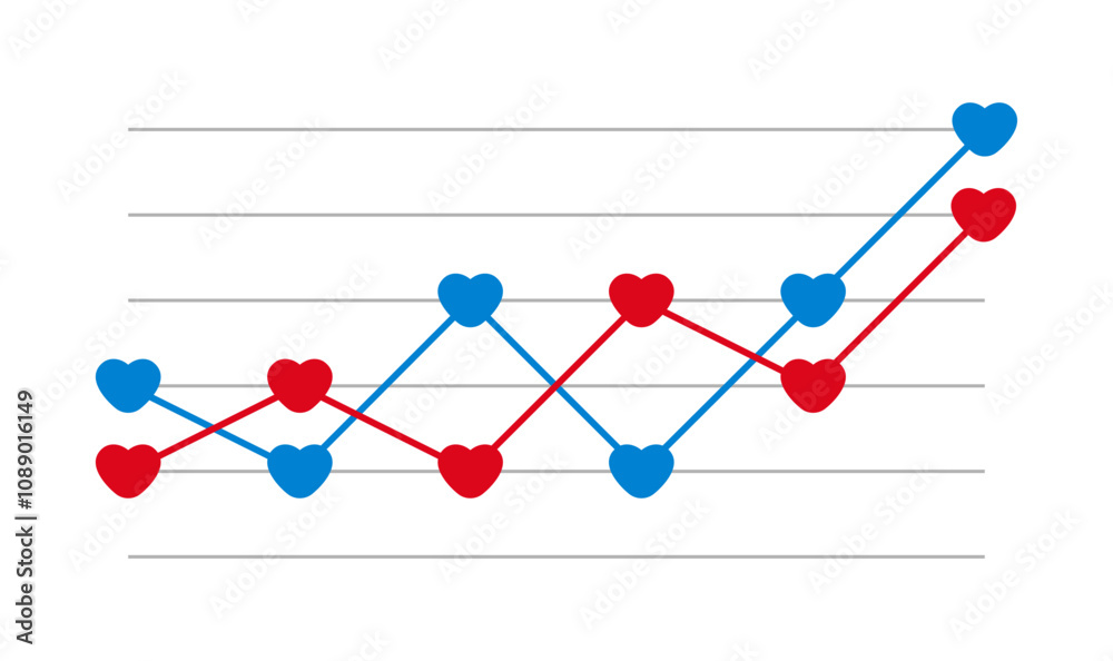 Line chart with red and blue hearts for Valentine's Day. Line chart with red and blue hearts for Valentine's Day.