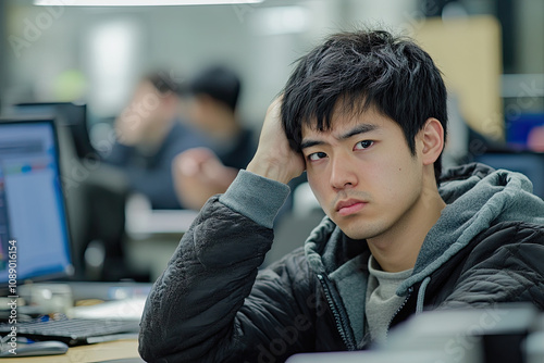 Person sitting in a crowded office, with a tired expression and a hand on their forehead photo