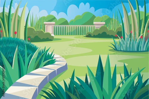 Vibrant garden illustration with stone path, lush greenery, and white pavilion in the distance. Sky blue with white clouds adds to serene atmosphere.