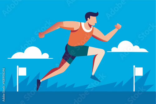 A man with a prosthetic leg runs on a blue track under a vibrant sky. He wears red and green attire, with red shoes, showing a powerful stride. Green plants add a natural touch.