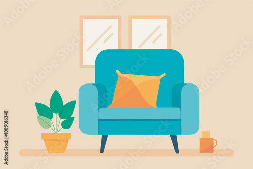 Cozy living room with light green walls, a blue armchair, potted plant, picture frames, and a mug, creating a warm and inviting ambiance.