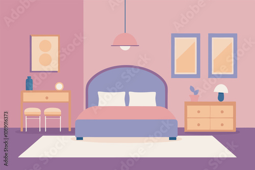 A cozy bedroom with a double bed, dressers, mirrors, lamps, pictures, stools, a potted plant, a pink ceiling, pendant lamp, and a white carpet, all in a minimalist design with pink and purple hues.