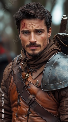  man in leather armor, with dark hair and stubble, wearing brown leathers in a medieval fantasy setting photo