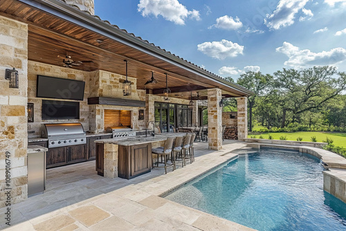 Villa with an expansive pool and outdoor kitchen