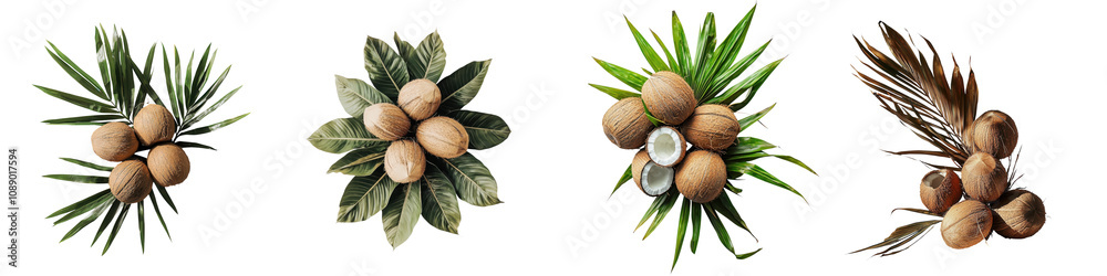 Collection of clusters featuring brown fruits surrounded by lush green leaves and palm fronds. Collection of clusters featuring brown fruits surrounded by lush green leaves and palm fronds.