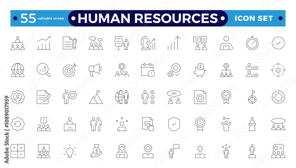 Set of outline icons related to HR, Human Resources, Recruitment, Employment, business, office, company, and management. Editable stroke outline icon.
Set of outline icons related to HR, Human Resources, Recruitment, Employment, business, office, company, and management. Editable stroke outline icon.