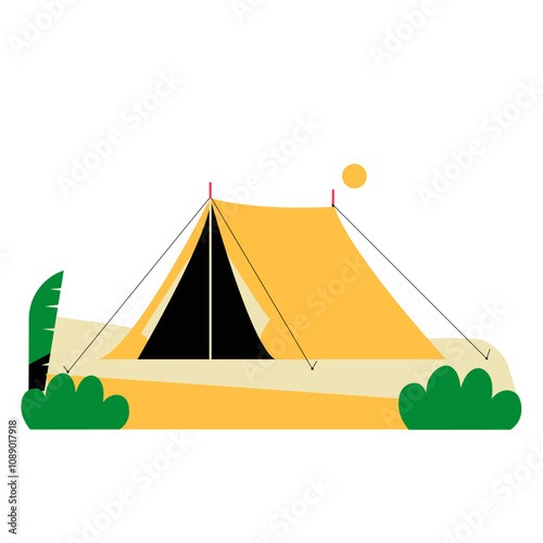 Yellow Camping Tent In Flat Vector Illustration Symbolizing Outdoor Recreation And Shelter, Isolated On White Background.