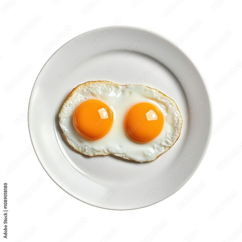 Freshly cooked sunny side up eggs served on a classic white plate., isolated on a transparent background. Freshly cooked sunny side up eggs served on a classic white plate., isolated on a transparent background.